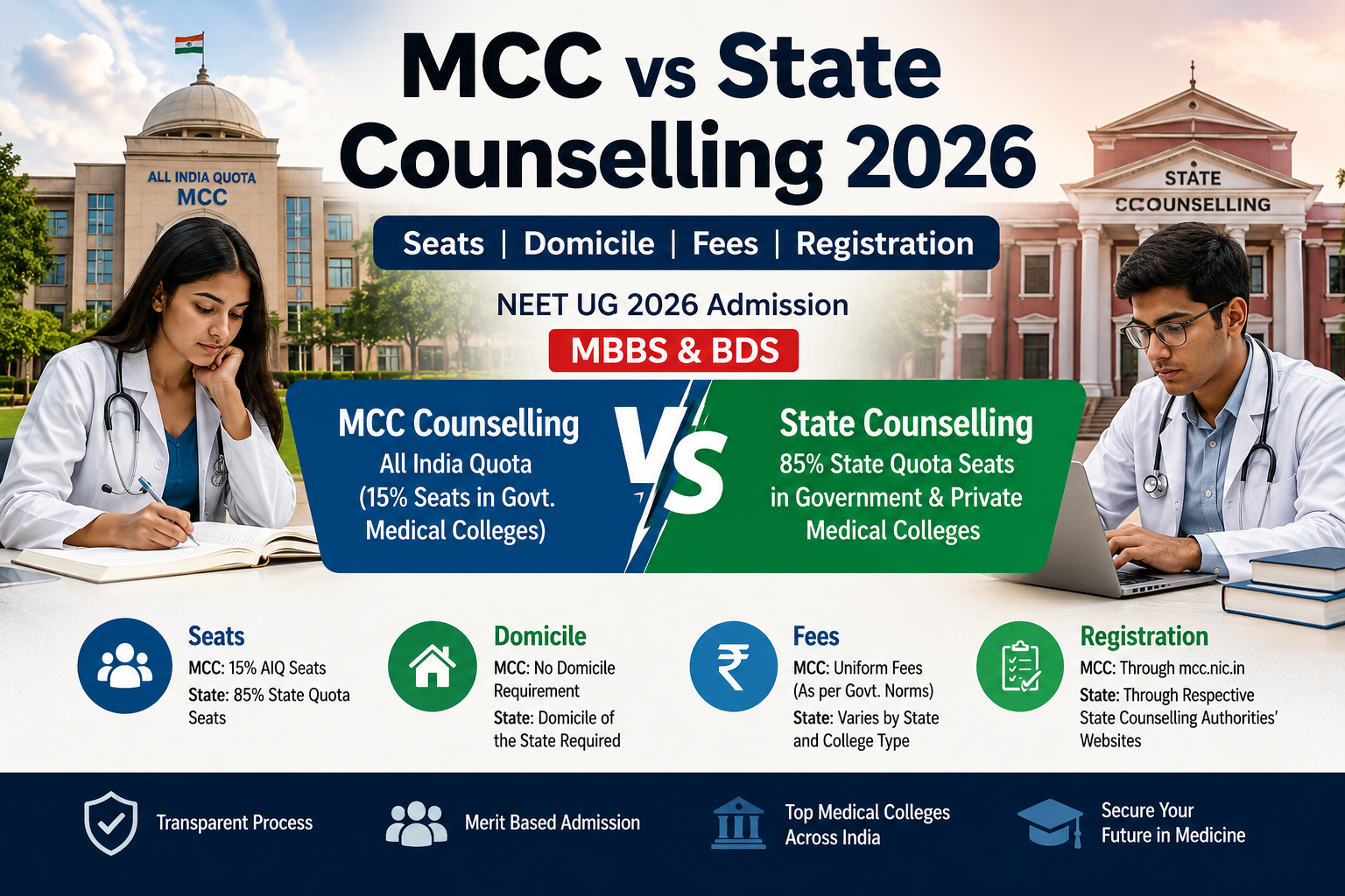 MCC Counselling vs State Counselling 2026: Key Differences in Seats, Domicile, Fees and Registration