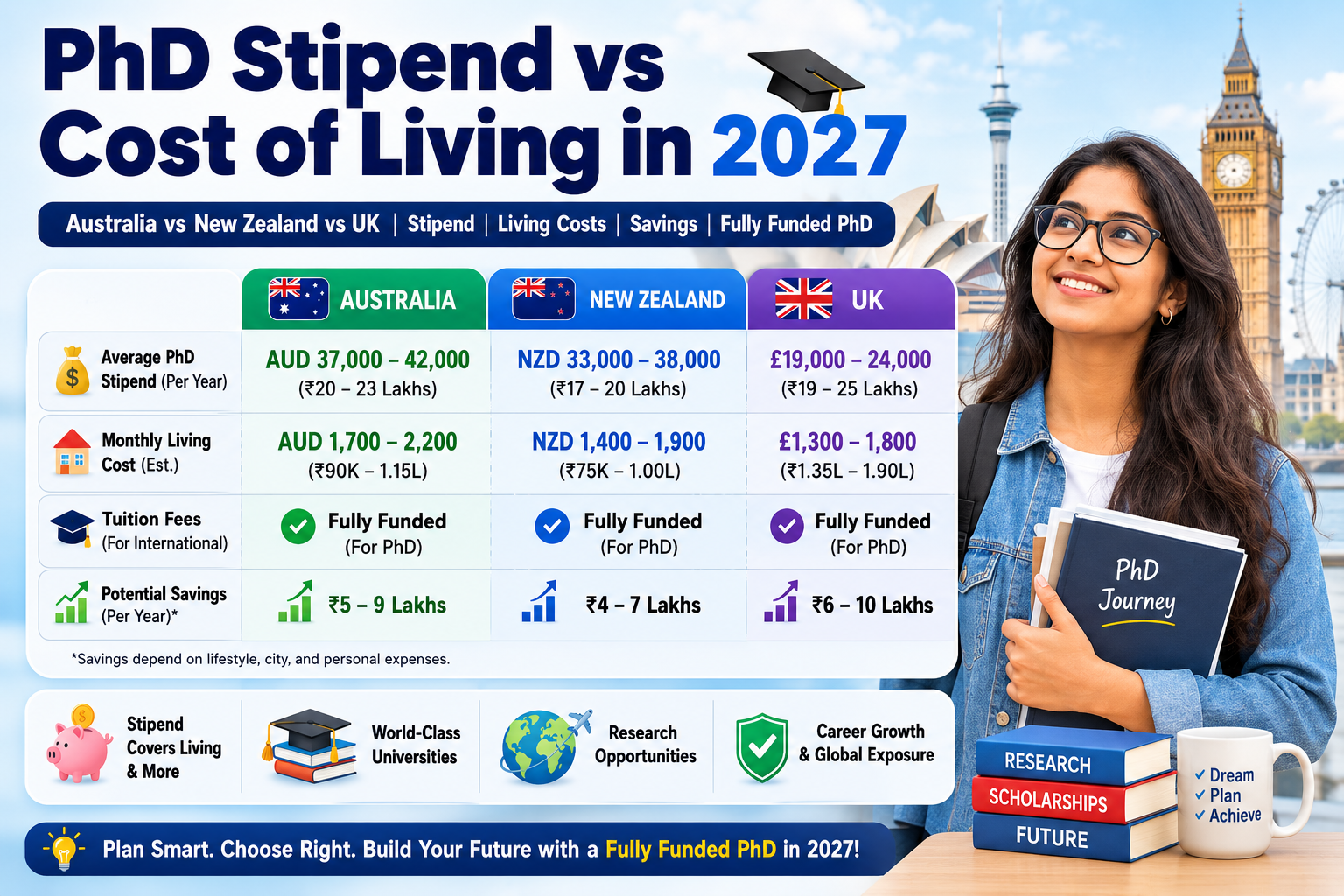 PhD Stipend vs Cost of Living in Australia, New Zealand and the UK 2027